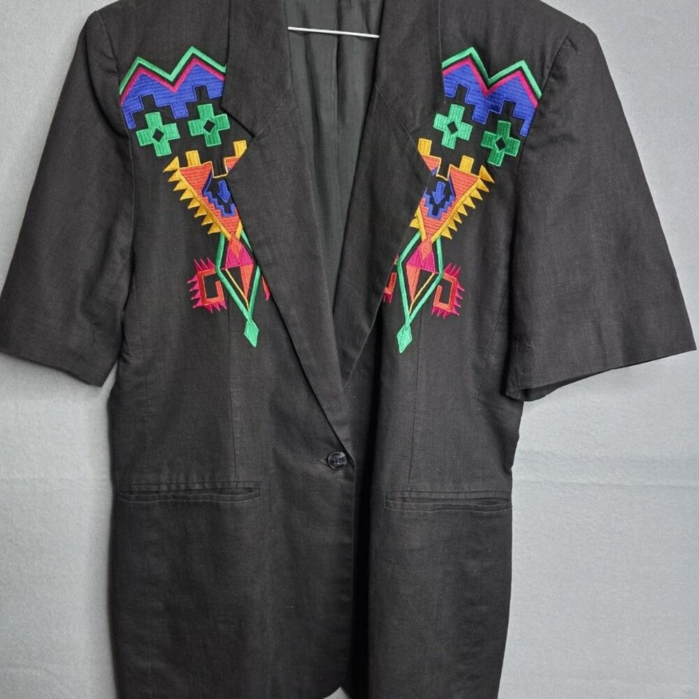 VTG 80s TED LAPIDUS Paris Size 12 Southwestern Embroidered Top Padded Shoulders